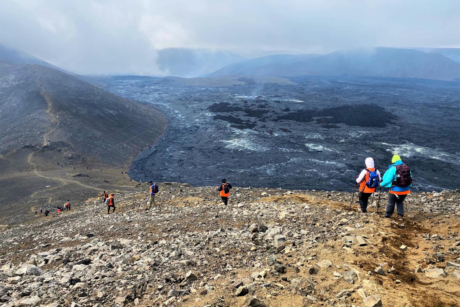 Guests hiking to the new lava fields